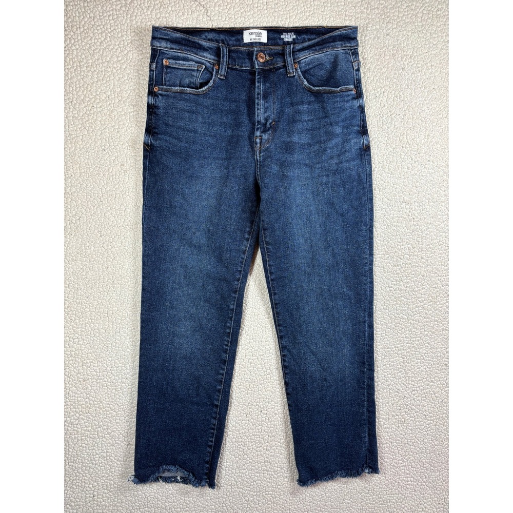 Kensie Jeans Womens 8/29 The Allie High Rise Slim Straight Raw Hem Dark Wash